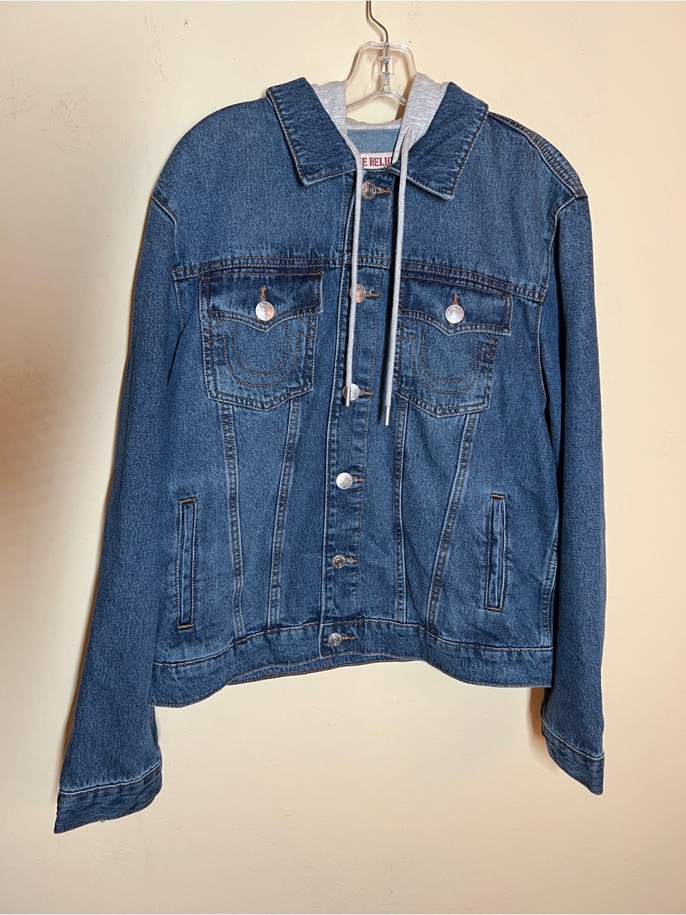 True Religion Dark Blue Denim Jacket with Gray Hood